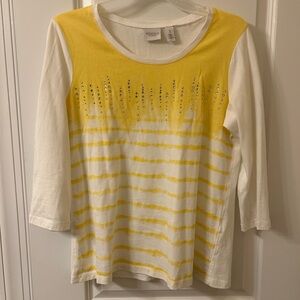 Chico's Yellow and White 3/4 Sleeve T-Shirt